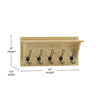 Wall Mounted 24 in Solid Pine Wood Storage Rack with Upper Shelf, Bamboo