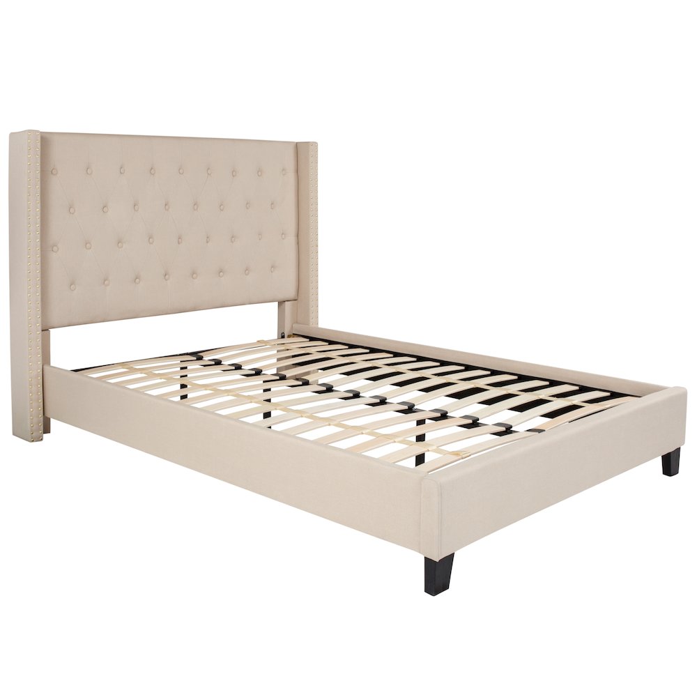 Full Size Tufted Upholstered Platform Bed with Accent Nail Trimmed Extended Sides in Beige Fabric