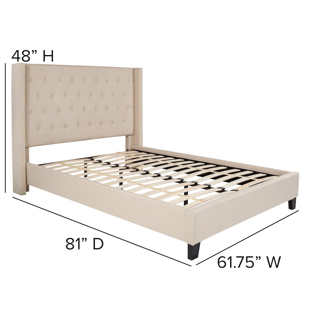 Full Size Tufted Upholstered Platform Bed with Accent Nail Trimmed Extended Sides in Beige Fabric