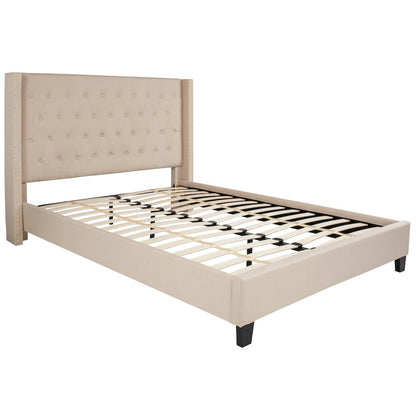 Queen Size Tufted Upholstered Platform Bed with Accent Nail Trimmed Extended Sides in Beige Fabric