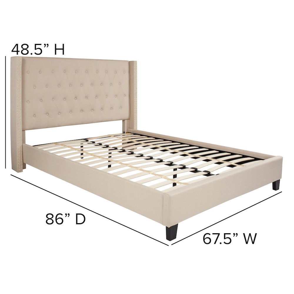 Queen Size Tufted Upholstered Platform Bed with Accent Nail Trimmed Extended Sides in Beige Fabric