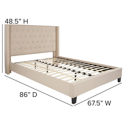 Queen Size Tufted Upholstered Platform Bed with Accent Nail Trimmed Extended Sides in Beige Fabric