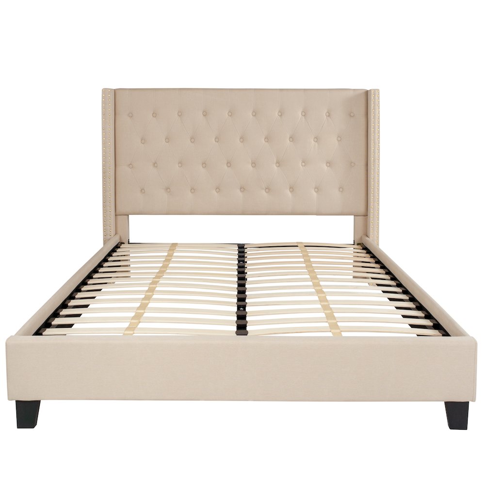 Queen Size Tufted Upholstered Platform Bed with Accent Nail Trimmed Extended Sides in Beige Fabric