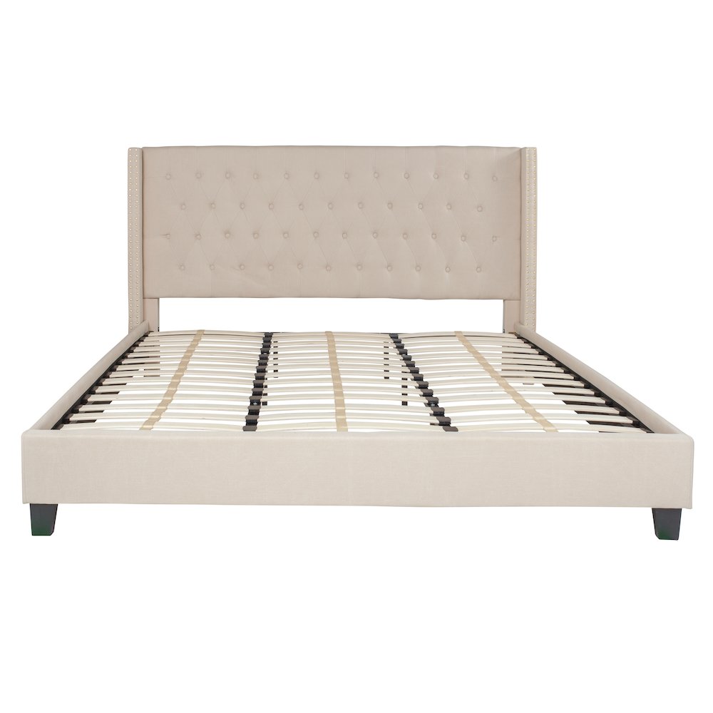 King Size Tufted Upholstered Platform Bed with Accent Nail Trimmed Extended Sides in Beige Fabric