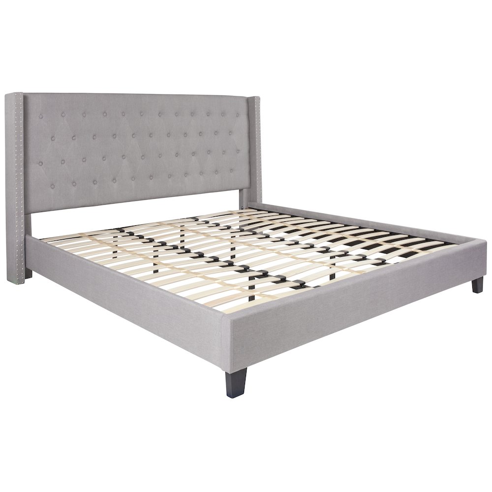 King Size Tufted Upholstered Platform Bed with Accent Nail Trimmed Extended Sides in Light Gray Fabric