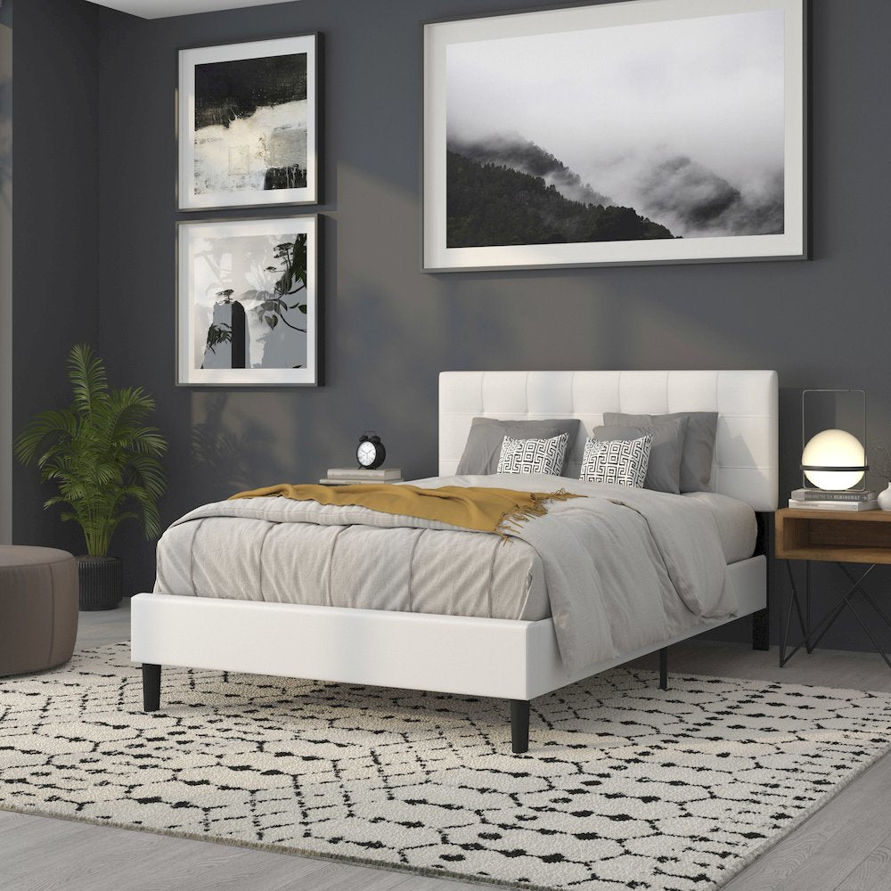 Tufted Upholstered Full Size Headboard in White Fabric