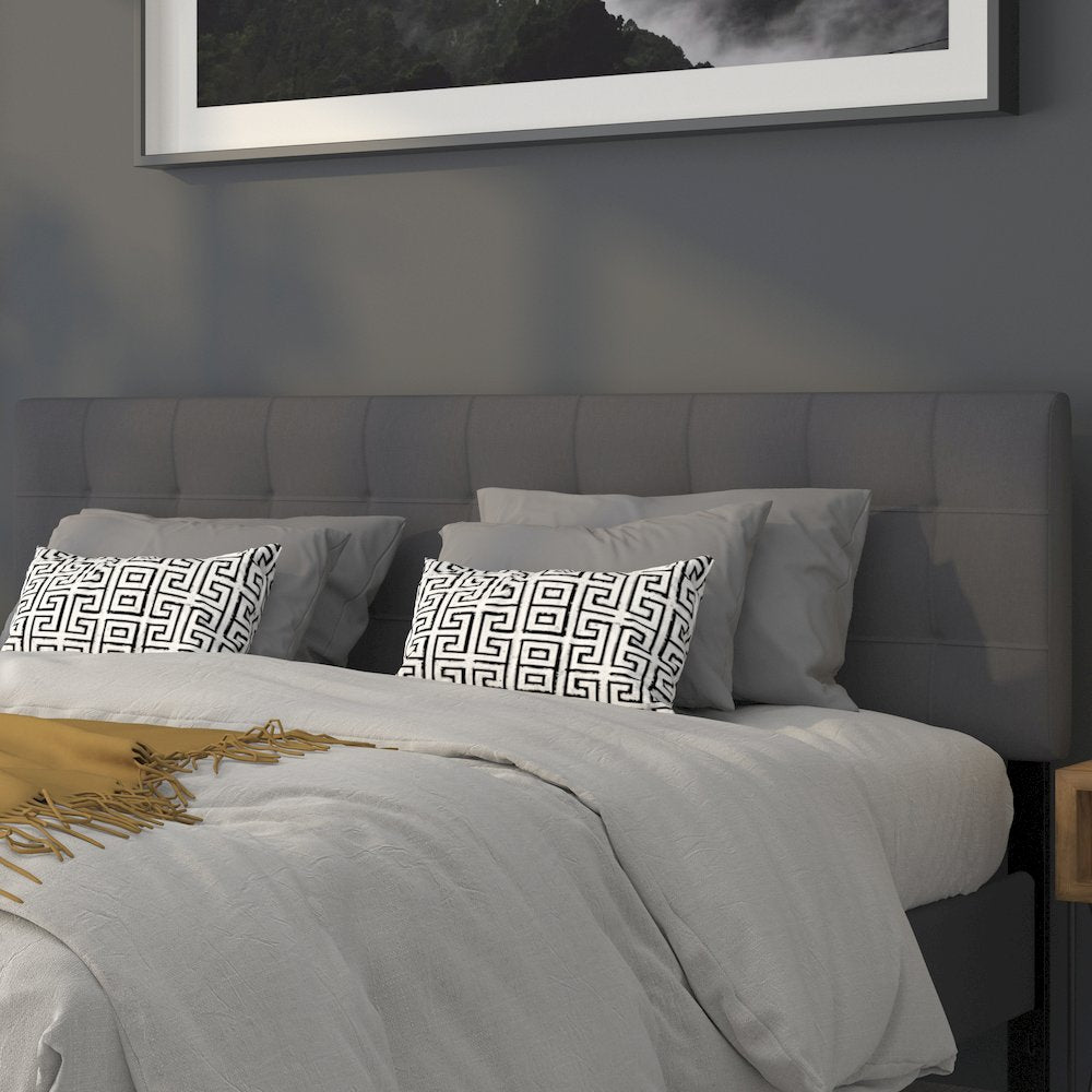Tufted Upholstered King Size Headboard in Dark Gray Fabric