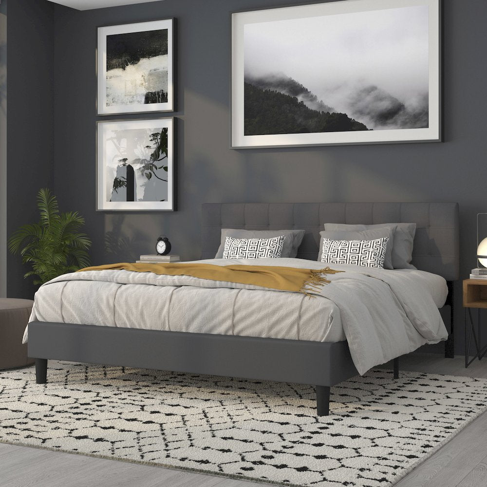 Tufted Upholstered King Size Headboard in Dark Gray Fabric