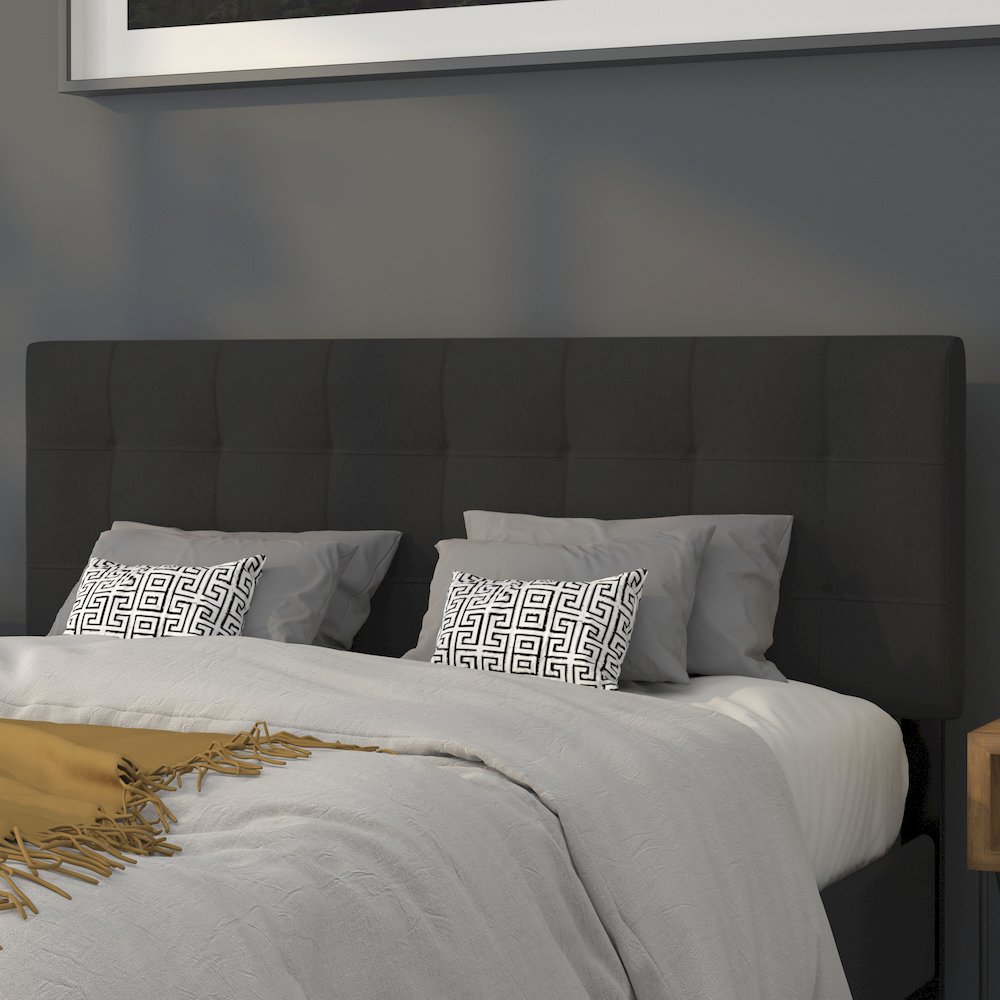 Tufted Upholstered Queen Size Headboard in Black Fabric