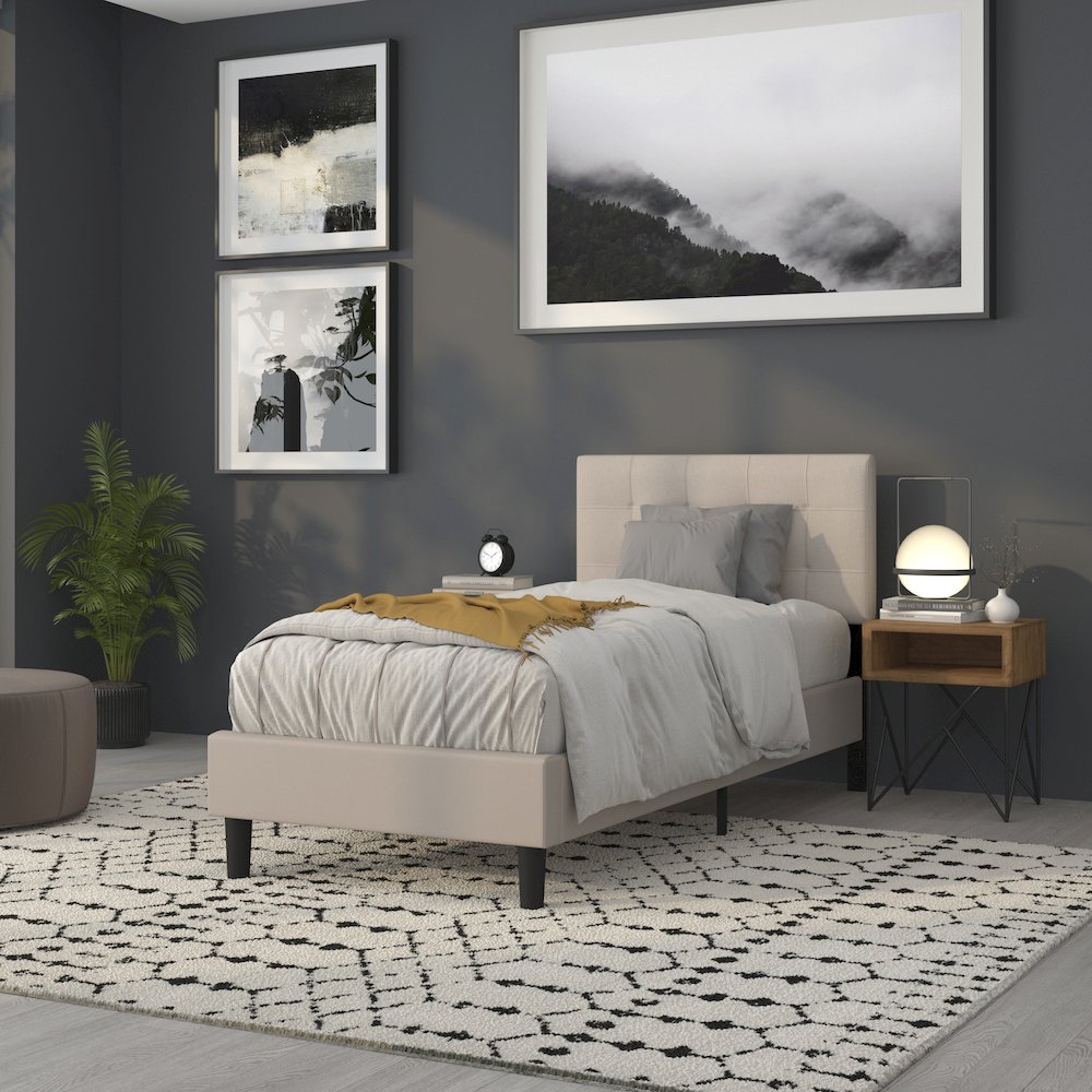 Tufted Upholstered Twin Size Headboard in Beige Fabric