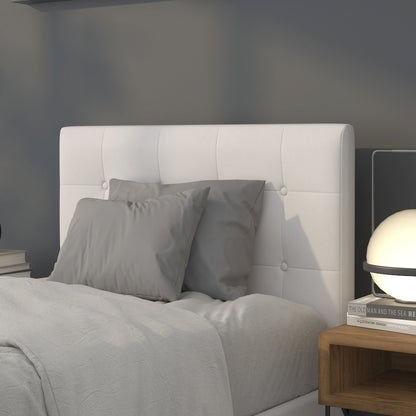 Button Tufted Upholstered Twin Size Headboard in White Vinyl