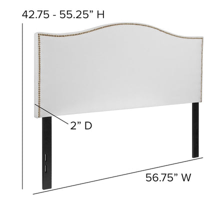 Upholstered Full Size Headboard with Accent Nail Trim in White Fabric