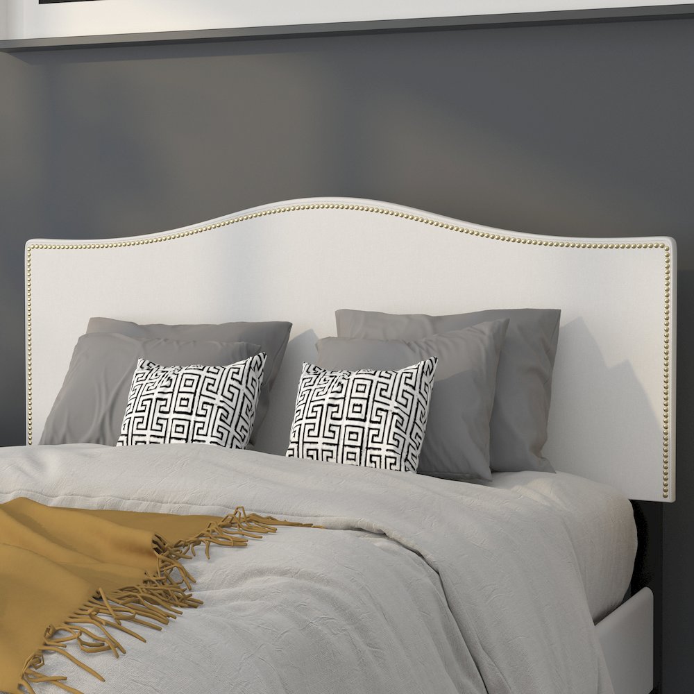 Upholstered Full Size Headboard with Accent Nail Trim in White Fabric