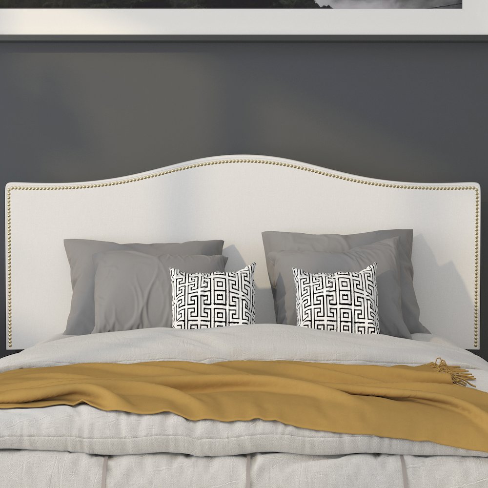 Upholstered Full Size Headboard with Accent Nail Trim in White Fabric
