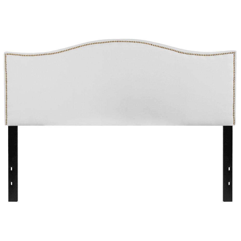 Upholstered Queen Size Headboard with Accent Nail Trim in White Fabric