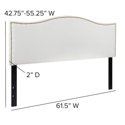 Upholstered Queen Size Headboard with Accent Nail Trim in White Fabric