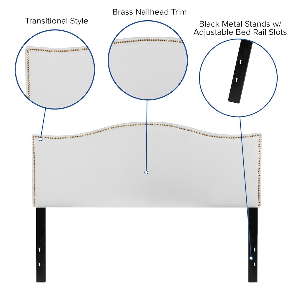 Upholstered Queen Size Headboard with Accent Nail Trim in White Fabric