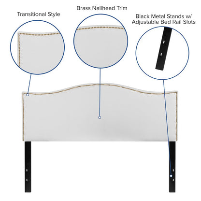 Upholstered Queen Size Headboard with Accent Nail Trim in White Fabric