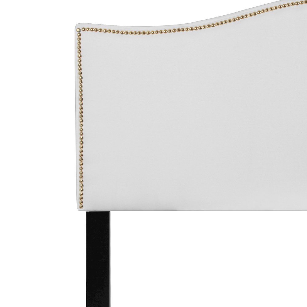 Upholstered Queen Size Headboard with Accent Nail Trim in White Fabric
