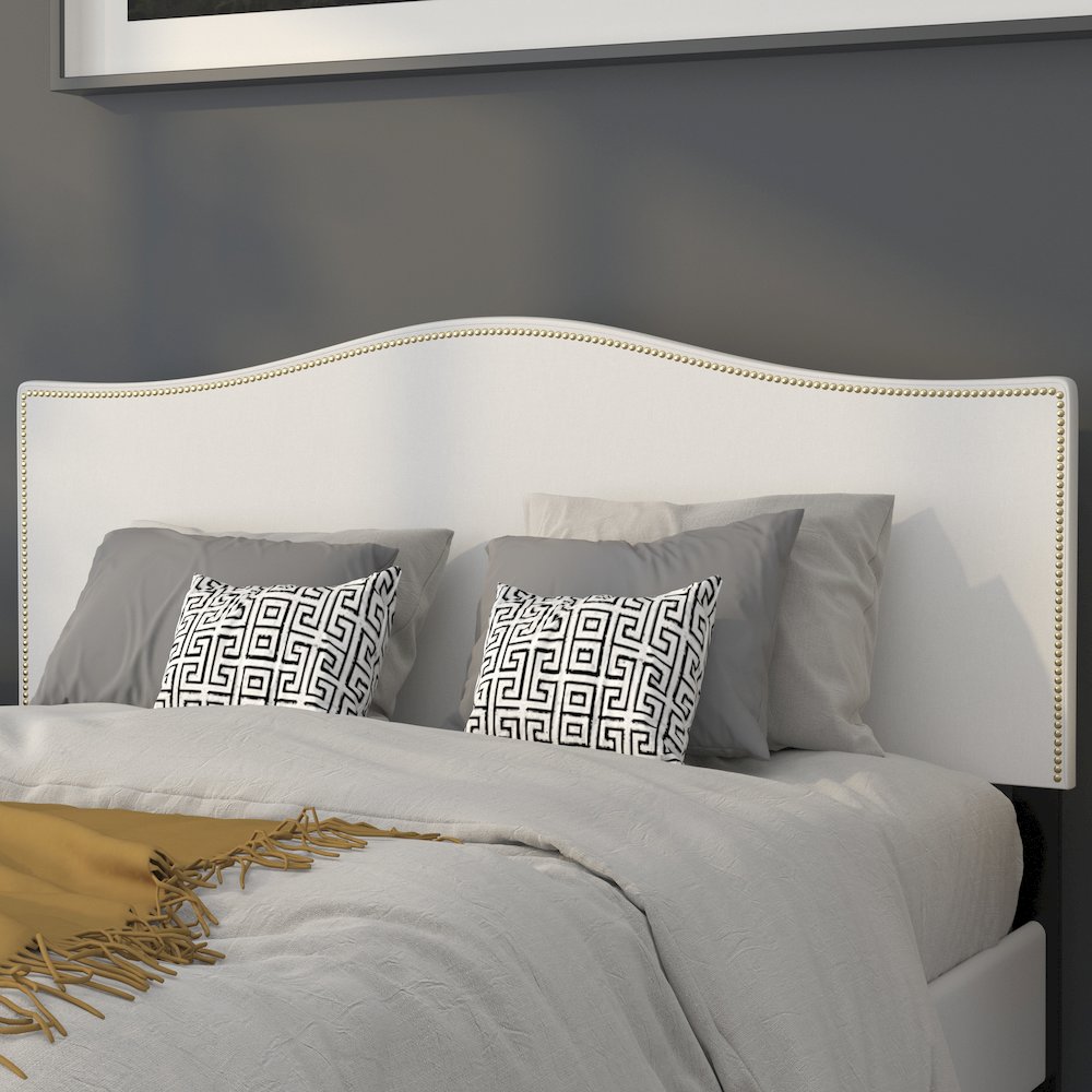 Upholstered Queen Size Headboard with Accent Nail Trim in White Fabric