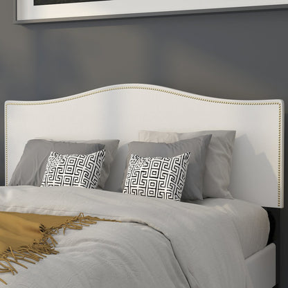 Upholstered Queen Size Headboard with Accent Nail Trim in White Fabric
