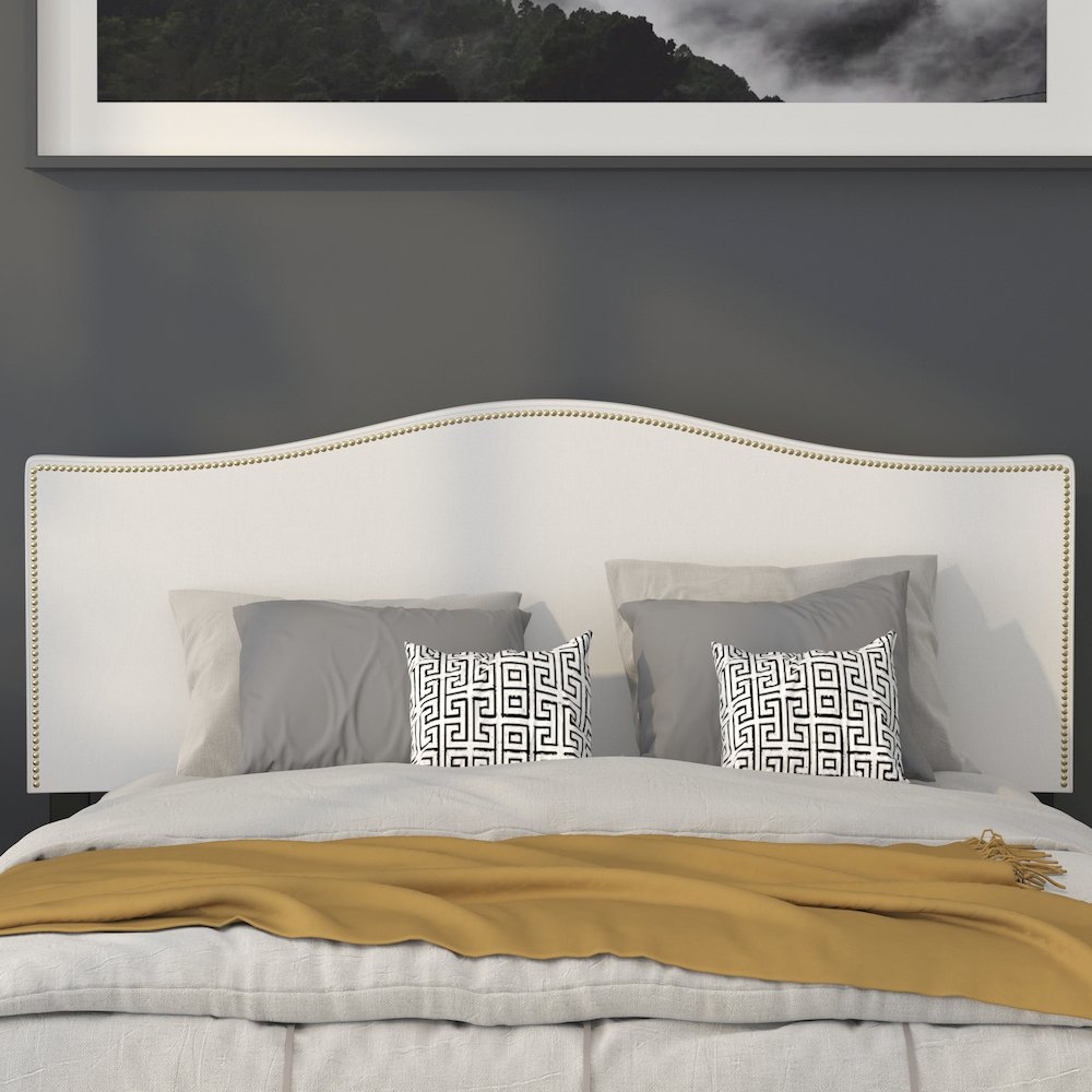 Upholstered Queen Size Headboard with Accent Nail Trim in White Fabric
