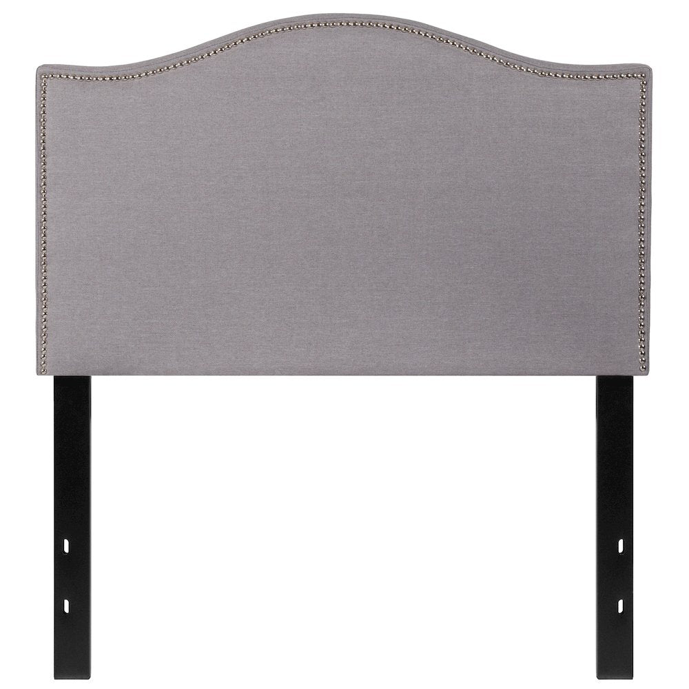 Upholstered Twin Size Headboard with Accent Nail Trim in Light Gray Fabric