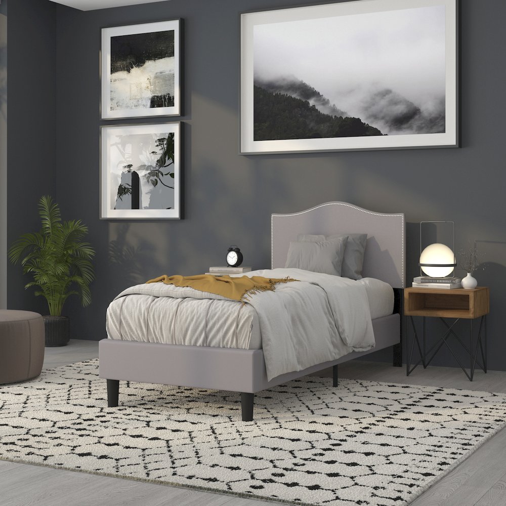 Upholstered Twin Size Headboard with Accent Nail Trim in Light Gray Fabric