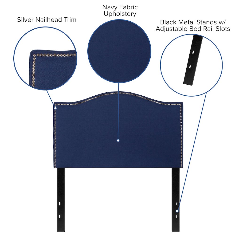 Upholstered Twin Size Headboard with Accent Nail Trim in Navy Fabric