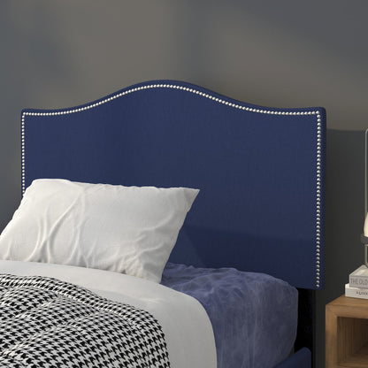 Upholstered Twin Size Headboard with Accent Nail Trim in Navy Fabric