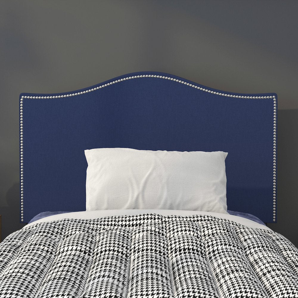 Upholstered Twin Size Headboard with Accent Nail Trim in Navy Fabric