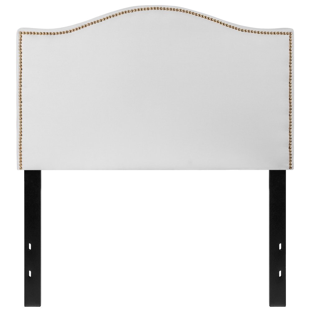 Upholstered Twin Size Headboard with Accent Nail Trim in White Fabric