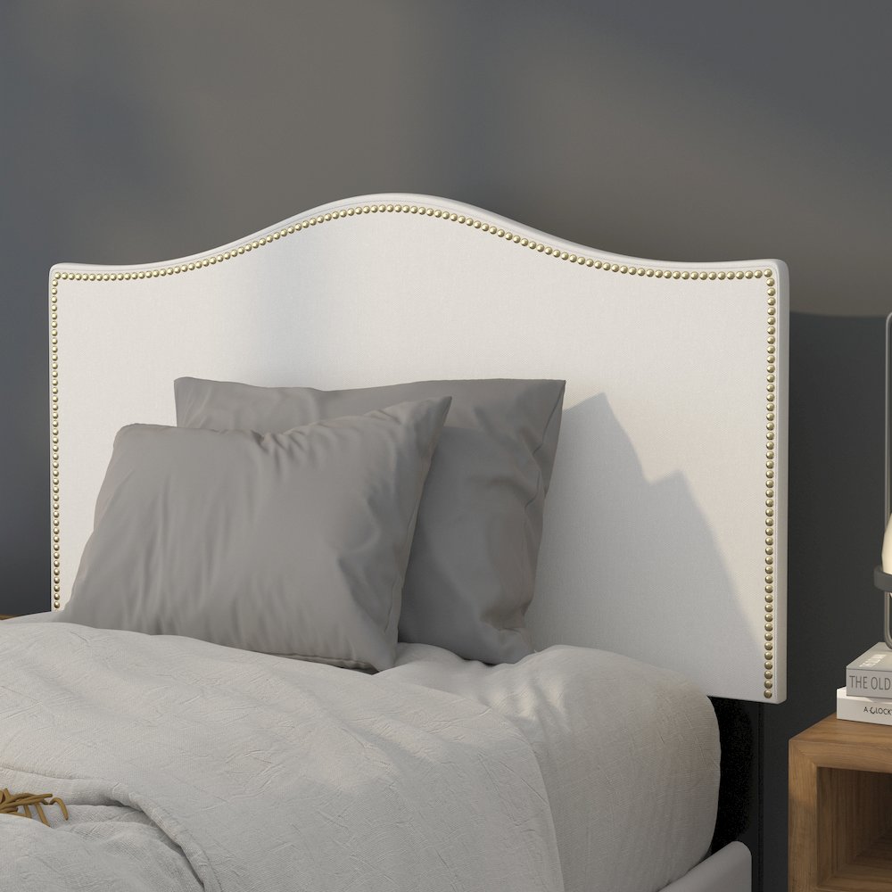 Upholstered Twin Size Headboard with Accent Nail Trim in White Fabric