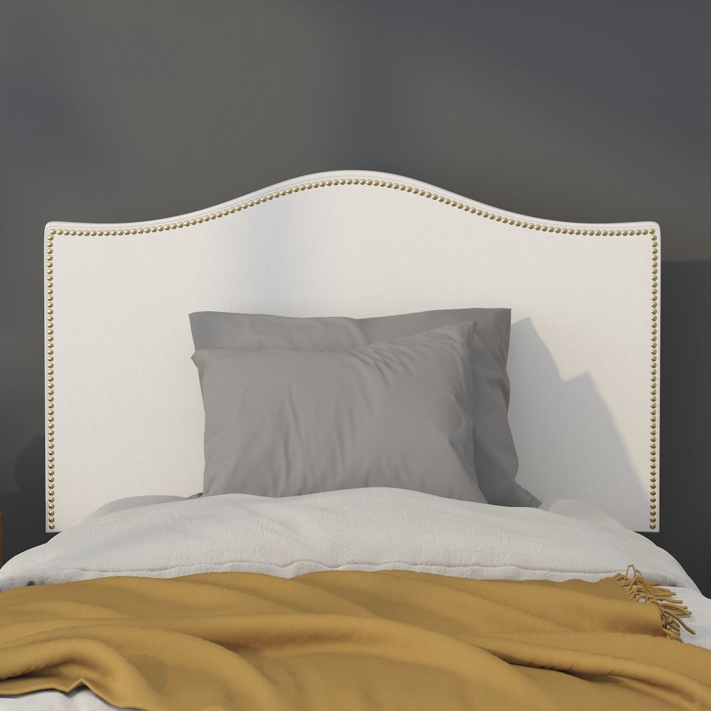 Upholstered Twin Size Headboard with Accent Nail Trim in White Fabric