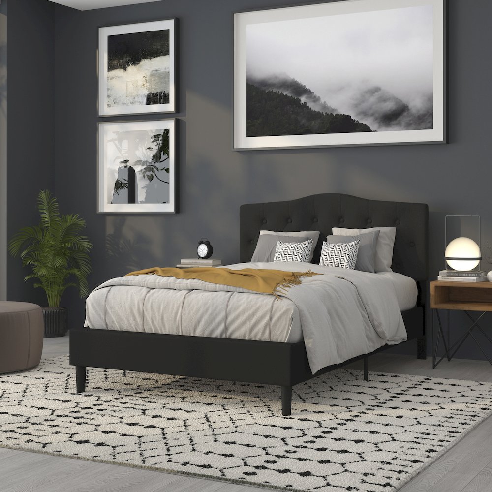 Tufted Upholstered Full Size Headboard in Black Fabric