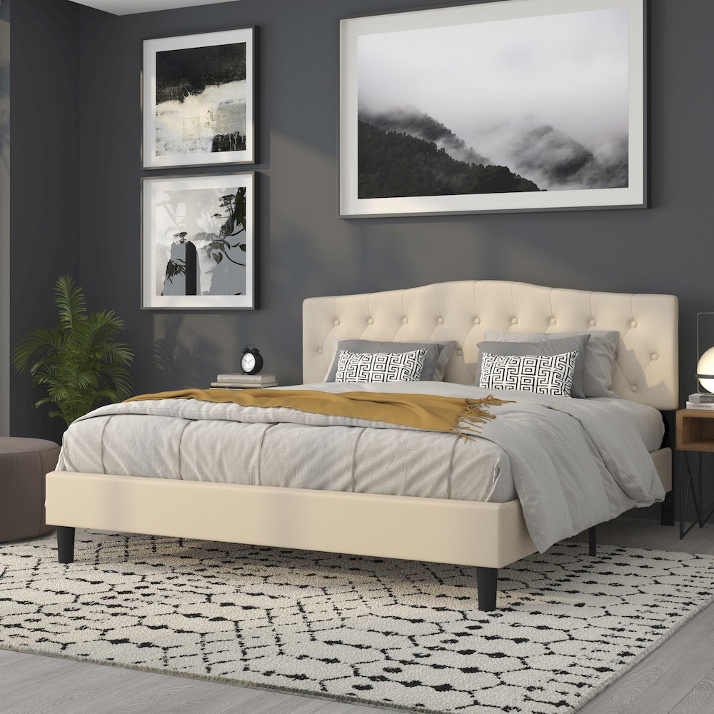 Tufted Upholstered King Size Headboard in Beige Fabric