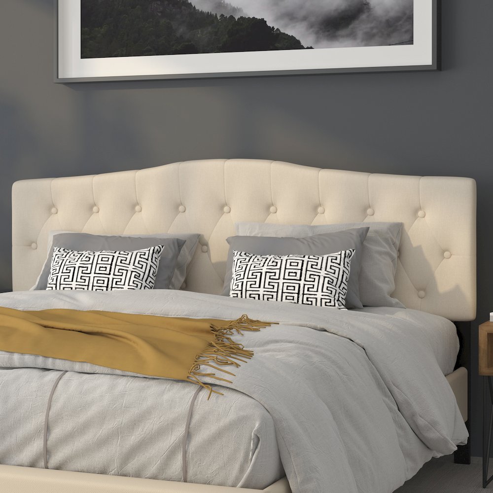 Arched Button Tufted Upholstered King Size Headboard in Beige Fabric