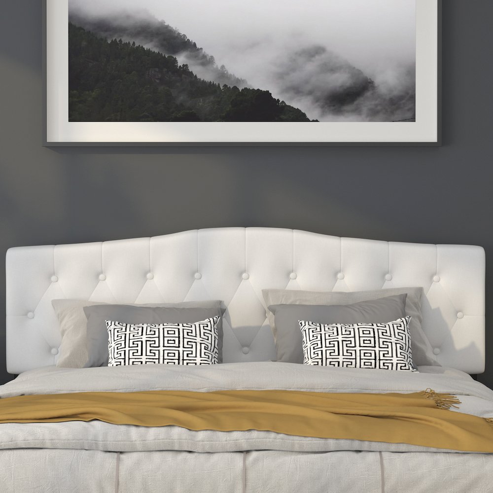 Tufted Upholstered King Size Headboard in White Fabric