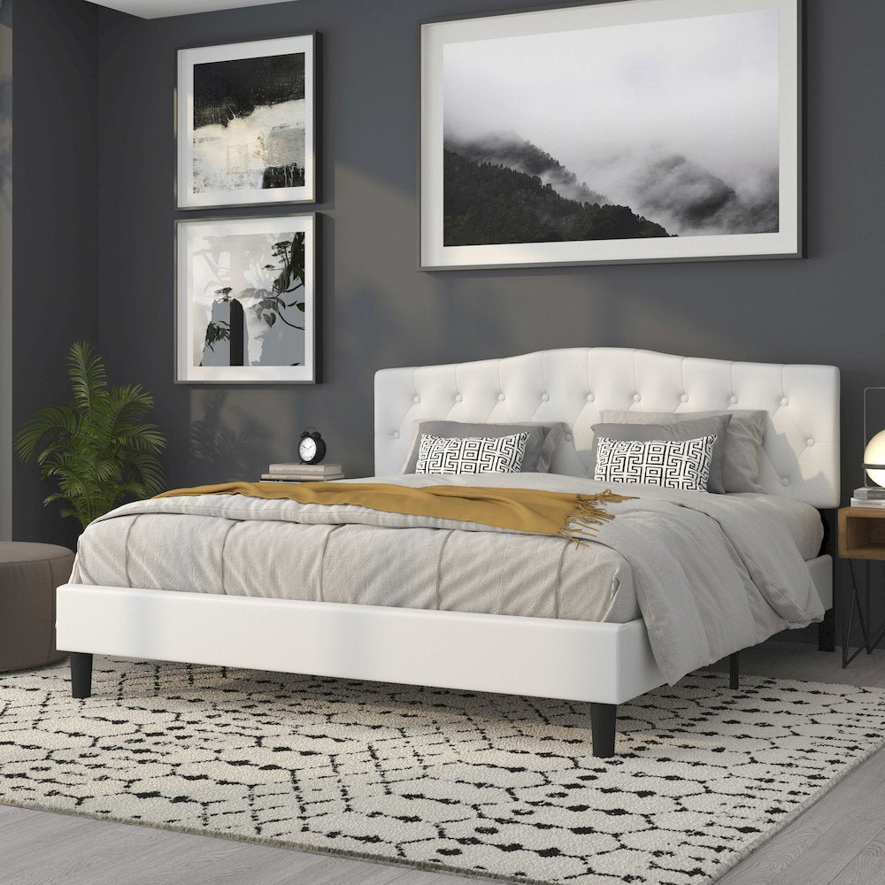 Tufted Upholstered King Size Headboard in White Fabric