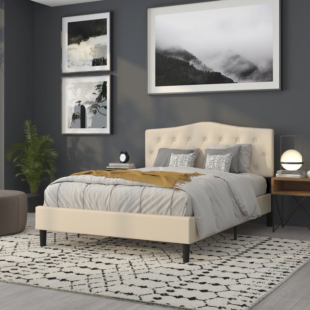 Tufted Upholstered Queen Size Headboard in Beige Fabric