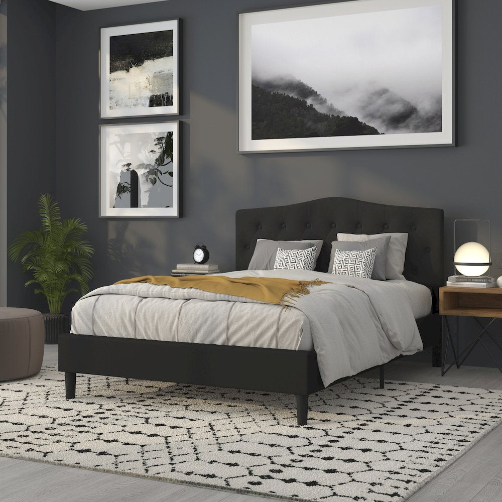 Tufted Upholstered Queen Size Headboard in Black Fabric
