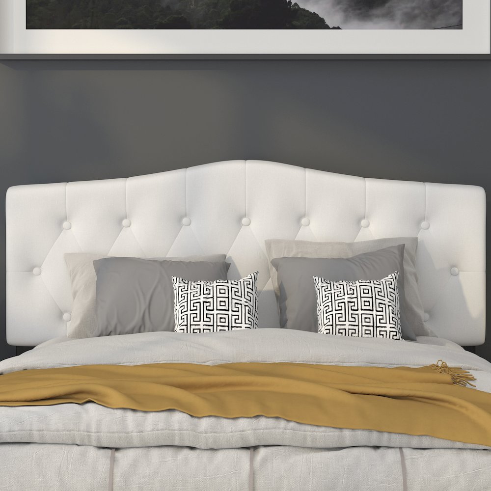 Tufted Upholstered Queen Size Headboard in White Fabric