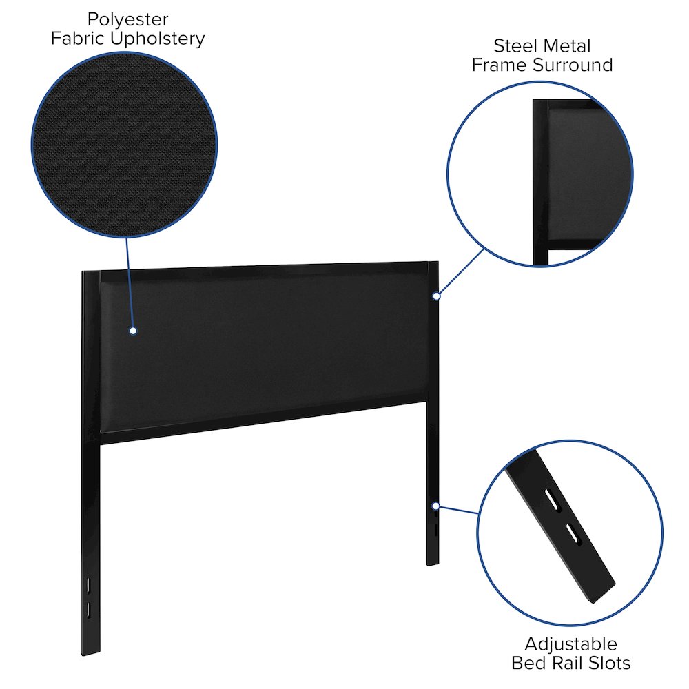 Metal Upholstered Queen Size Headboard in Black Fabric