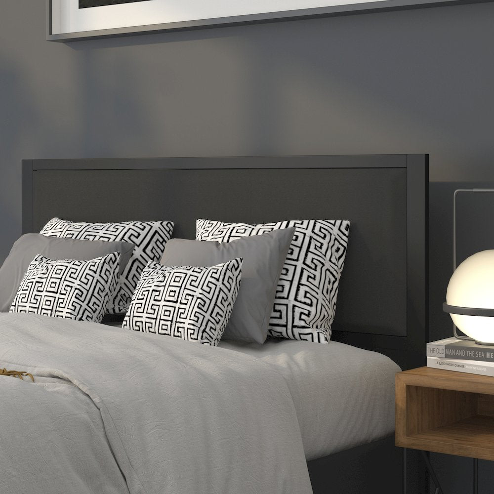 Metal Upholstered Queen Size Headboard in Black Fabric