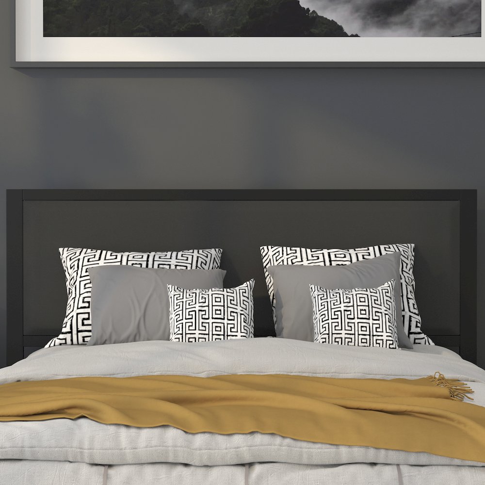 Metal Upholstered Queen Size Headboard in Black Fabric