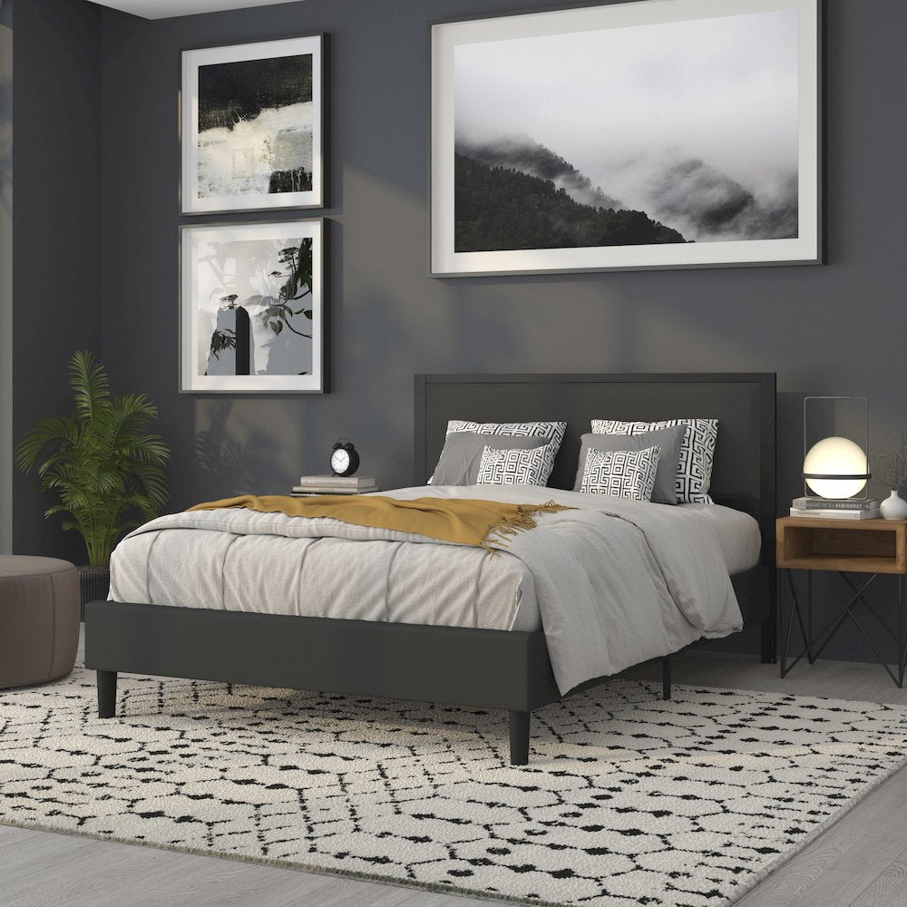 Metal Upholstered Queen Size Headboard in Black Fabric