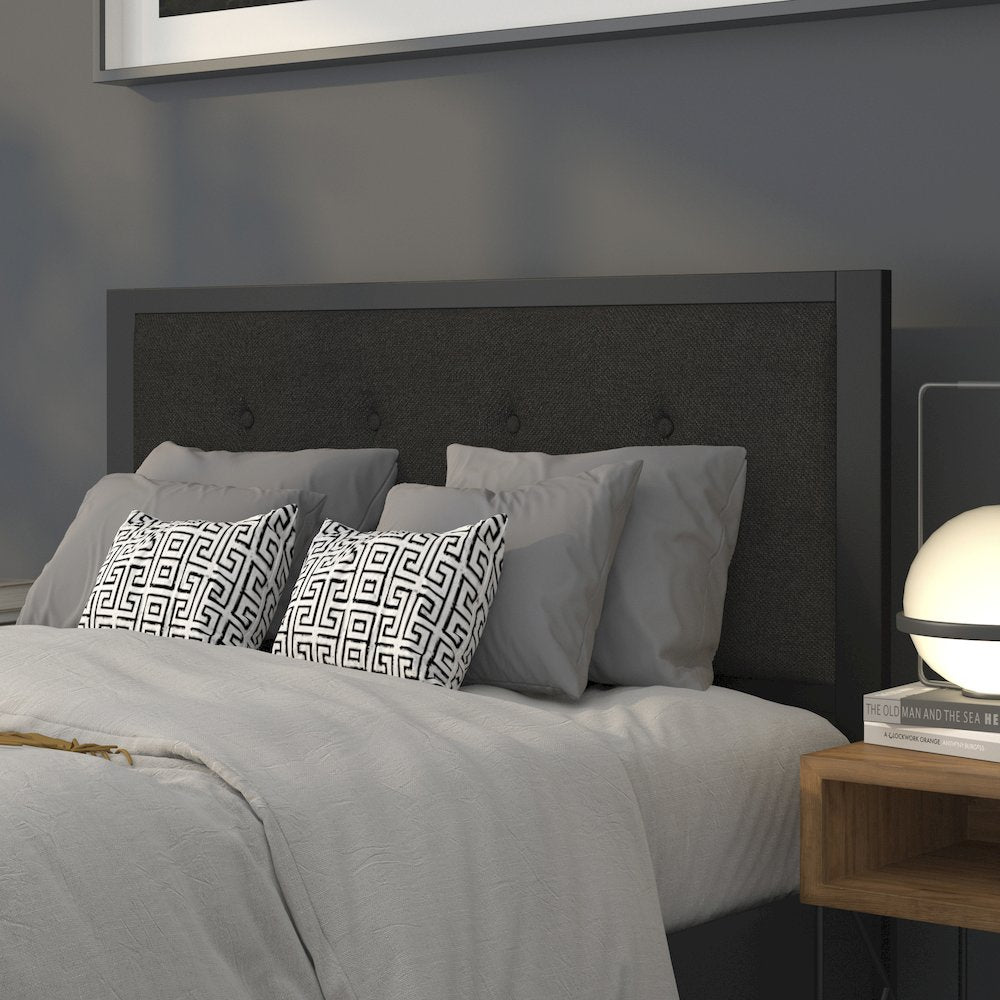 Metal Tufted Upholstered Full Size Headboard in Black Fabric
