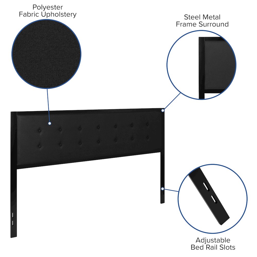 Metal Tufted Upholstered King Size Headboard in Black Fabric
