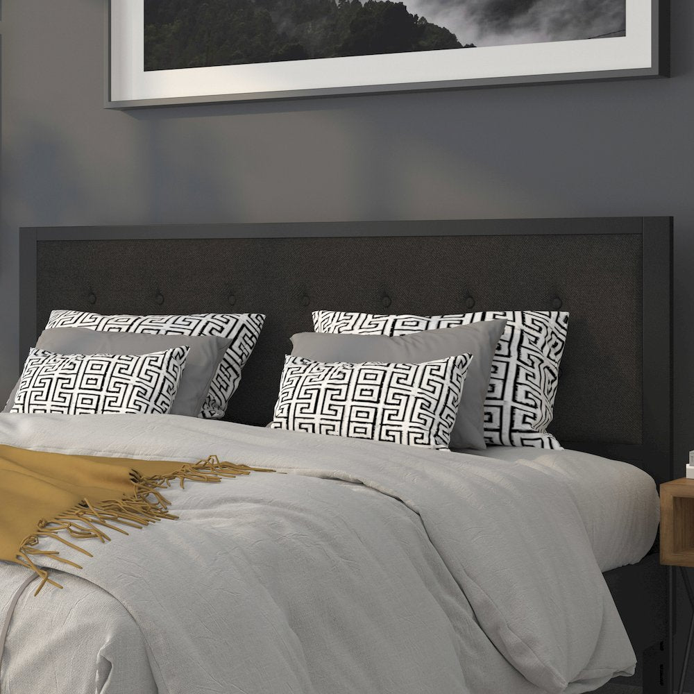 Metal Tufted Upholstered King Size Headboard in Black Fabric