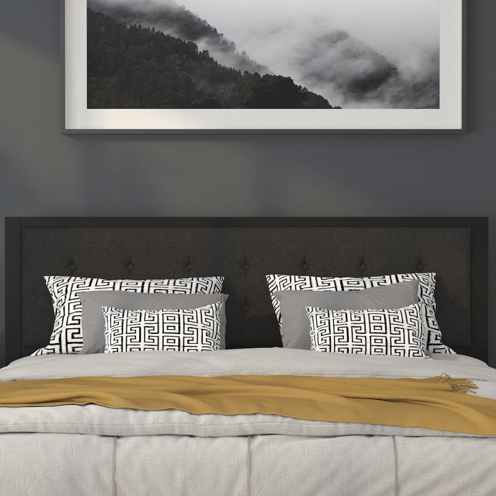 Metal Tufted Upholstered King Size Headboard in Black Fabric